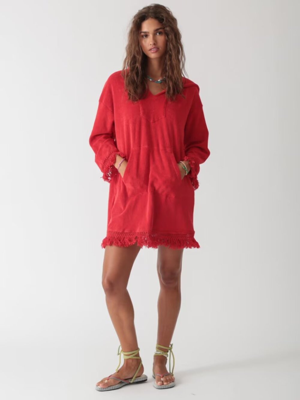 Electric & Rose Beach Poncho Hooded Swim Coverup Terry Fringe V Neck Red Medium